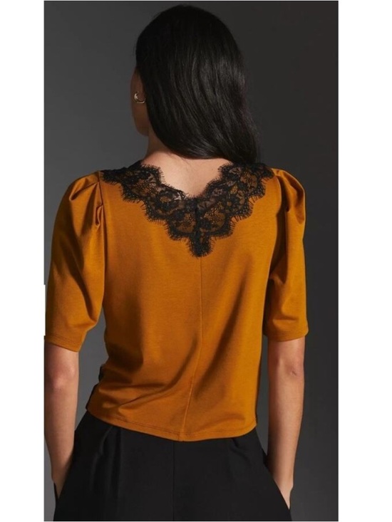 NWT by Anthropologie Mustard Gold and Black Lace Puff Sleeve Top S - Picture 3 of 8